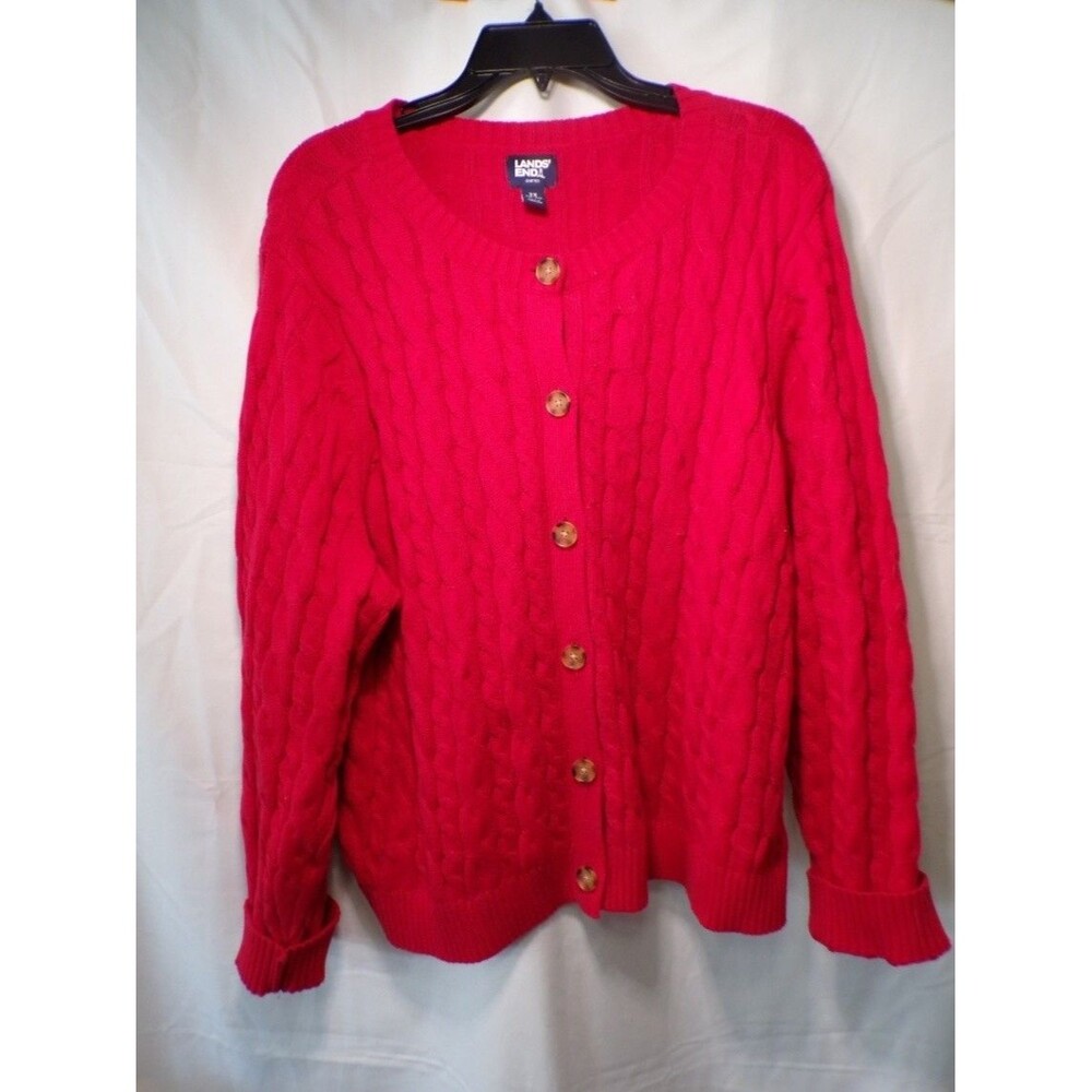Lands' End Drifter Women's Cable Knit Cardigan Sweater Red 2X Button Front